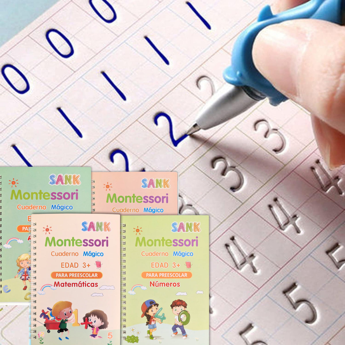 Kit de 4 libros mágicos de caligrafía para niños con lápiz y repuestos de tinta
