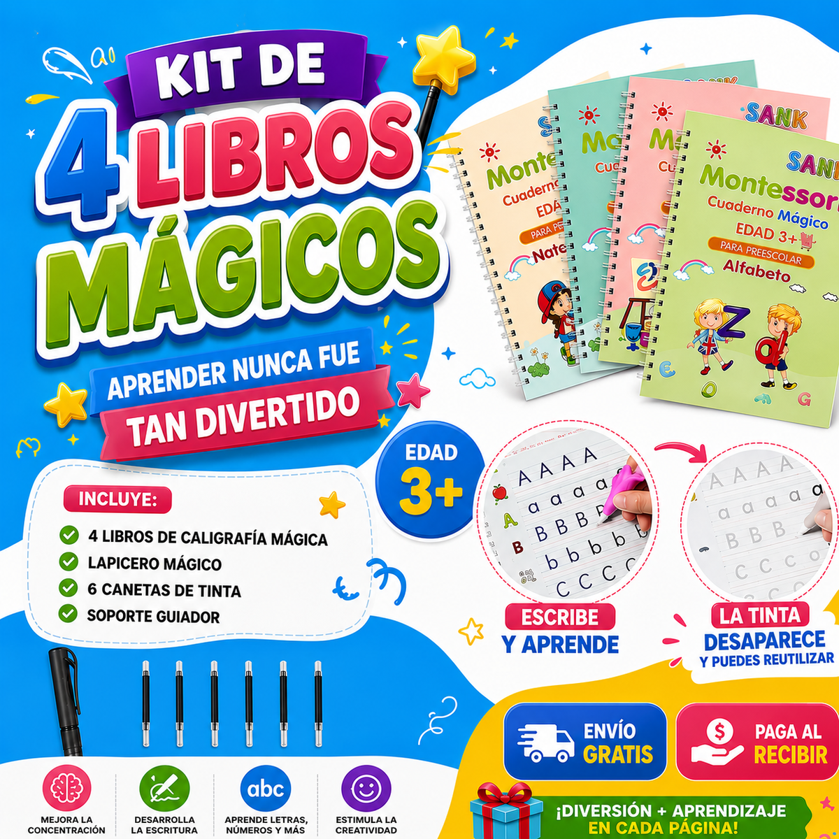 Kit de 4 libros mágicos de caligrafía para niños con lápiz y repuestos de tinta