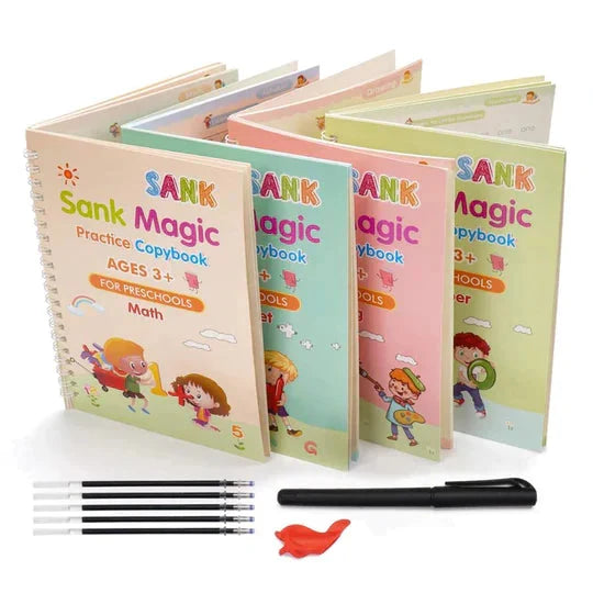 Kit de 4 libros mágicos de caligrafía para niños con lápiz y repuestos de tinta