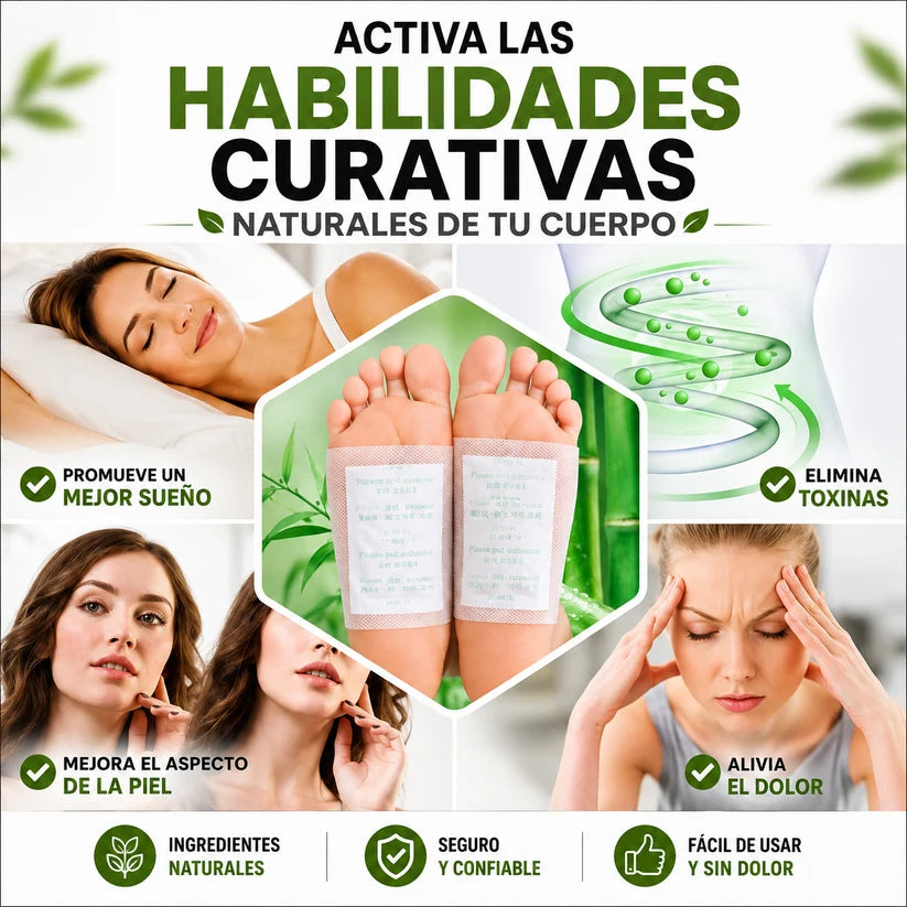 Mujer aplicando parche detox en la planta del pie antes de dormir
