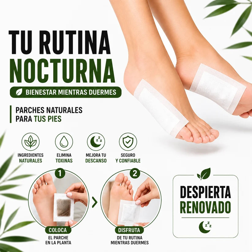 Mujer aplicando parche detox en la planta del pie antes de dormir