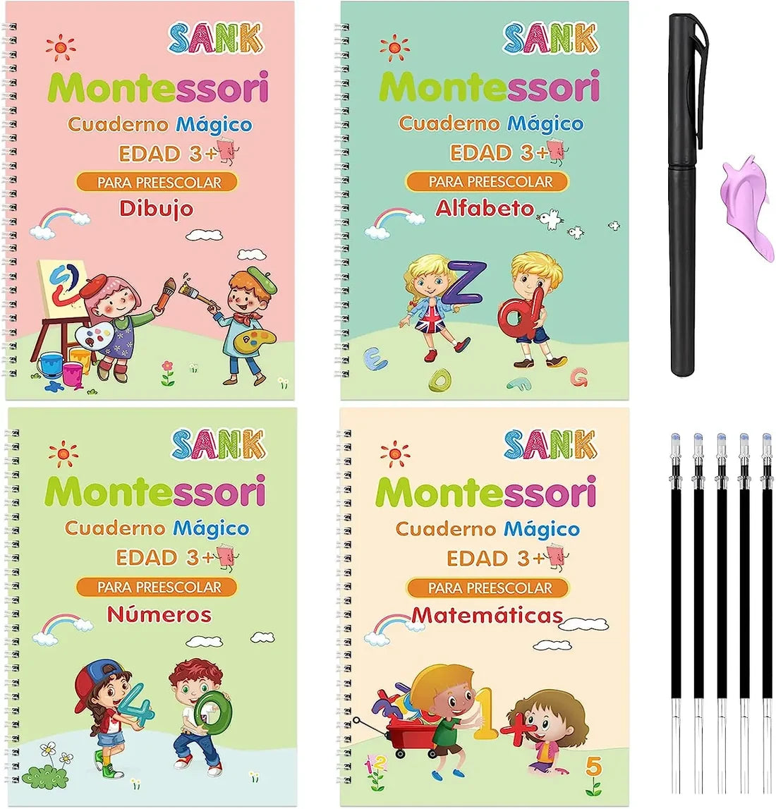 Kit de 4 libros mágicos de caligrafía para niños con lápiz y repuestos de tinta