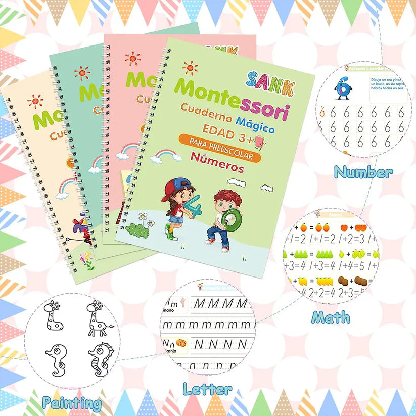 Kit de 4 libros mágicos de caligrafía para niños con lápiz y repuestos de tinta