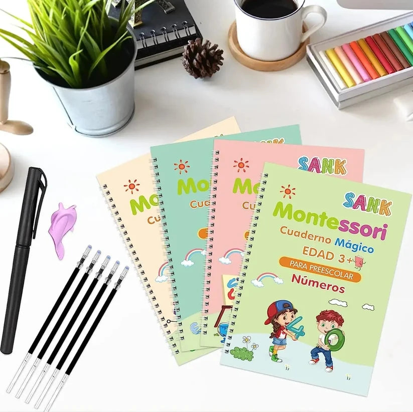 Kit de 4 libros mágicos de caligrafía para niños con lápiz y repuestos de tinta
