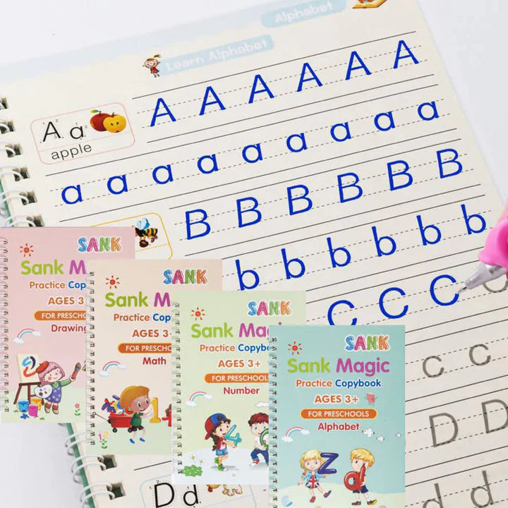 Kit de 4 libros mágicos de caligrafía para niños con lápiz y repuestos de tinta