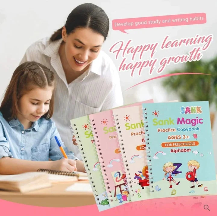 Kit de 4 libros mágicos de caligrafía para niños con lápiz y repuestos de tinta